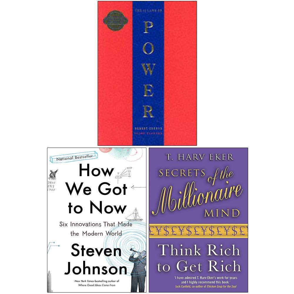 The 48 Laws Of Power, How We Got to Now Six Innovations That Made the Modern World, Secrets of the Millionaire Mind Think Rich to Get Rich 3 Books Collection Set-0