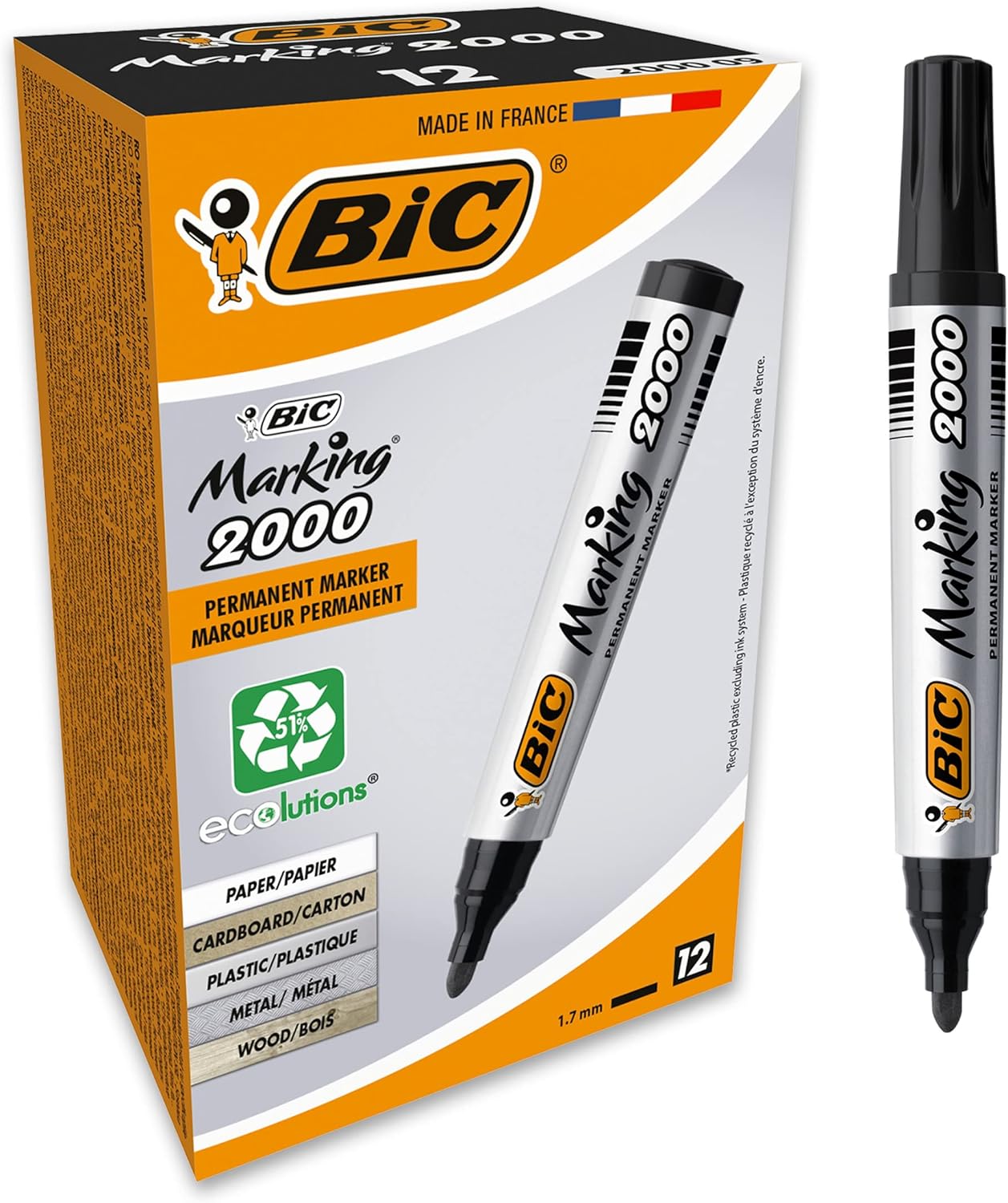 BIC Marking 2000 ECOlutions, Multi-Surface Black Permanent Markers, Ideal for School, Bullet Tip and Quick Drying Ink, Pack of 12-0