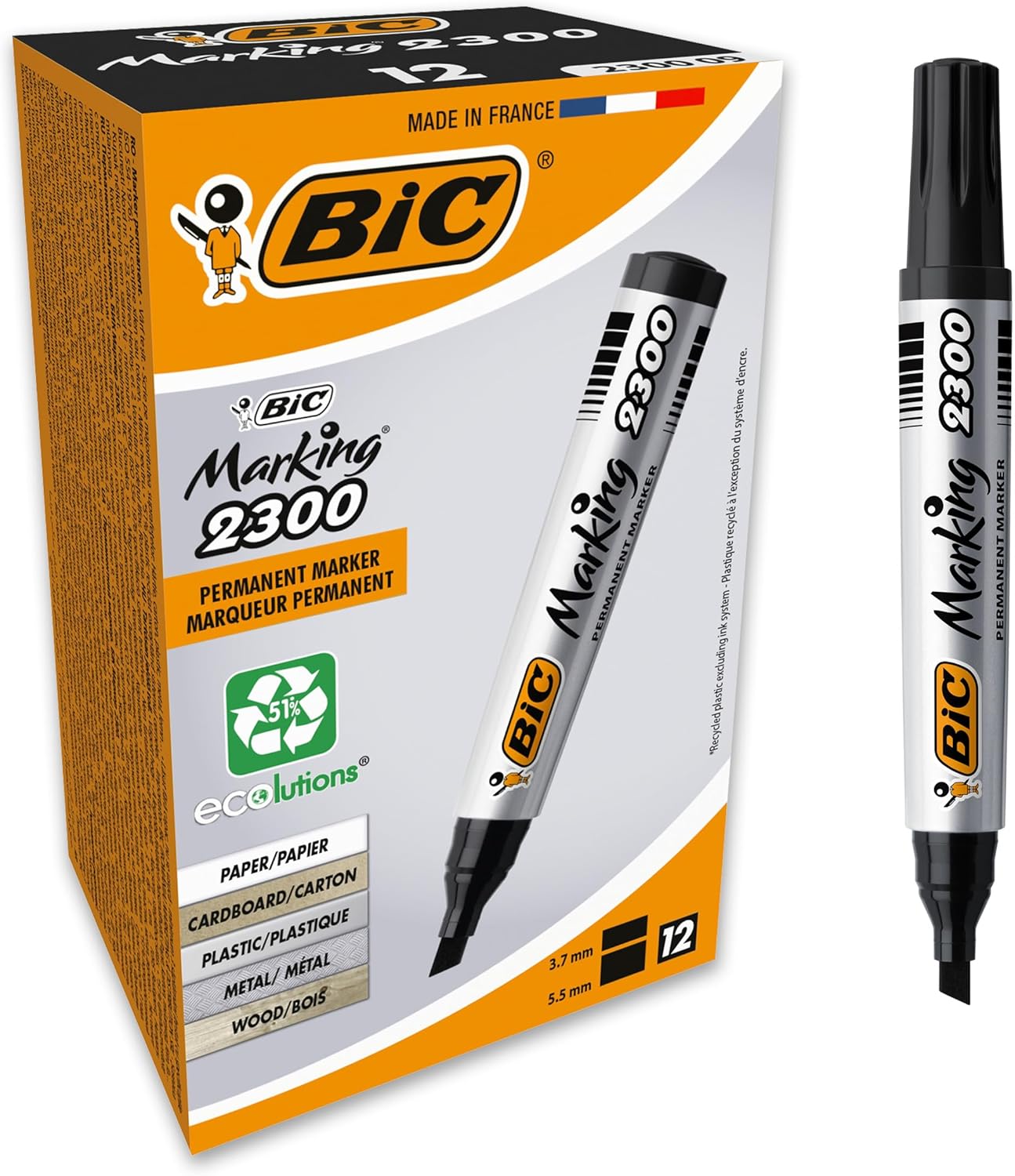 BIC Marking 2300 ECOlutions, Multi-Surface Black Permanent Markers, Ideal for School, Low-Odour Ink, Pack of 12-0