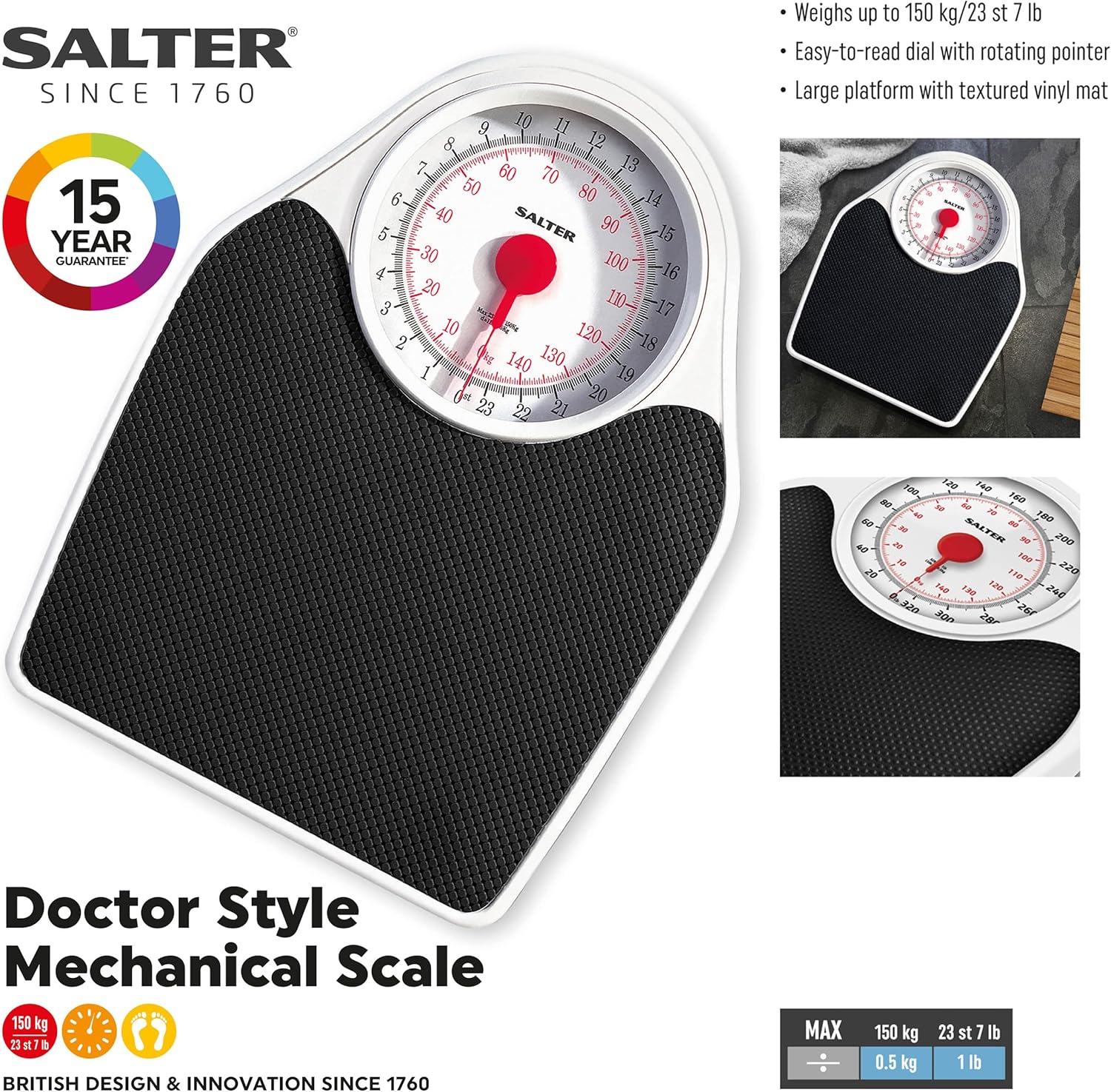 Salter 145 BKDR Doctor Style Bathroom Scale - Mechanical Weighing Scales For Body Weight, Easy Read Dial & Rotating Pointer, Large Platform With Non-Slip Mat, Weighs Up To 150 kg/ 23 st 7 lbs-1