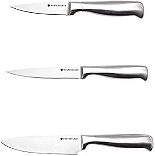 MasterClass Knife Set, Deluxe Three Piece Kitchen Knife Set, Stainless Carbon Steel, Hanging Display Pack, Silver