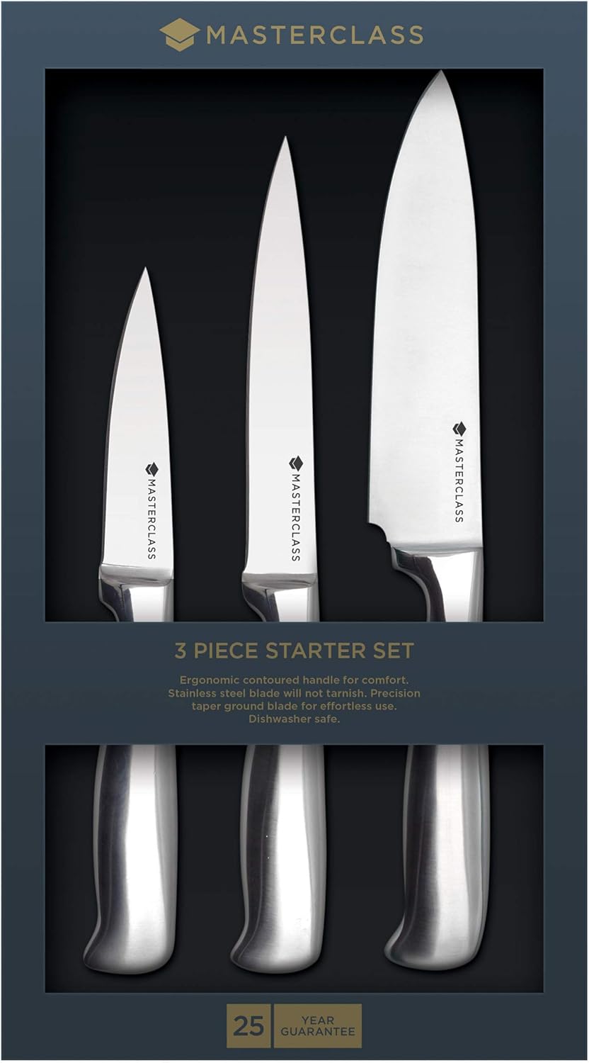 MasterClass Knife Set, Deluxe Three Piece Kitchen Knife Set, Stainless Carbon Steel, Hanging Display Pack, Silver-1