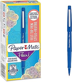 Paper Mate Flair Felt Tip Pens | Medium Point (0.7 mm) Writing Pens | Blue Pens | for Writing, Drawing & Sketching | 12 Count