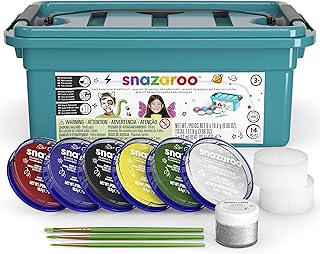 Snazaroo Face Paint Mini Starter Kit for Kids and Adults, 14 Pieces, 6 Colours, 1 Glitter Gel, Brushes, Sponges, Guide, Water Based, Easily Washable, Non-Toxic, Makeup, Body Painting