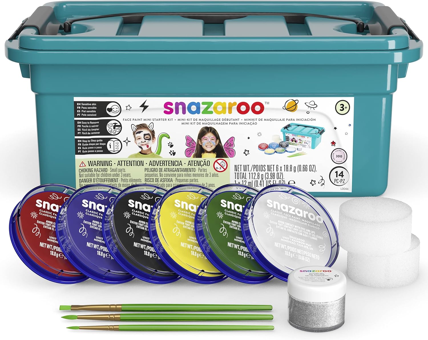 Snazaroo Face Paint Mini Starter Kit for Kids and Adults, 14 Pieces, 6 Colours, 1 Glitter Gel, Brushes, Sponges, Guide, Water Based, Easily Washable, Non-Toxic, Makeup, Body Painting-0