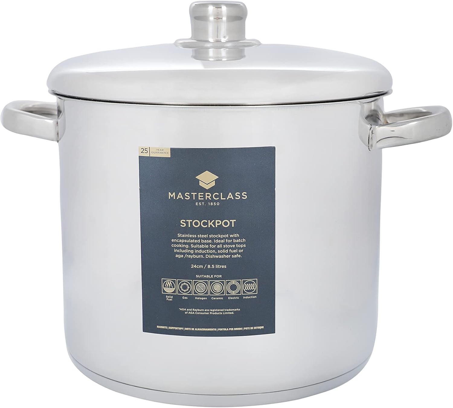 MasterClass Stock Pot With Lid 8.5L/24cm, Induction-Safe, Stainless Steel, Silver-1