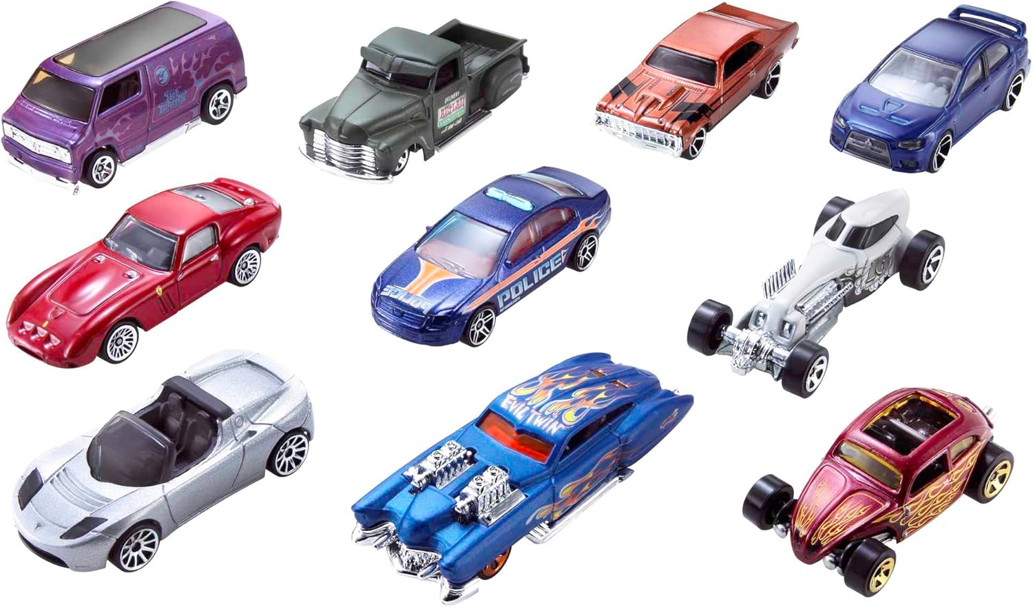 Hot Wheels Toy Cars & Trucks in 1:64 Scale, Set of 10, Multipack of Die-Cast Race or Police Cars, Hot Rods, Firetrucks or Vans (Styles May Vary), 54886-1