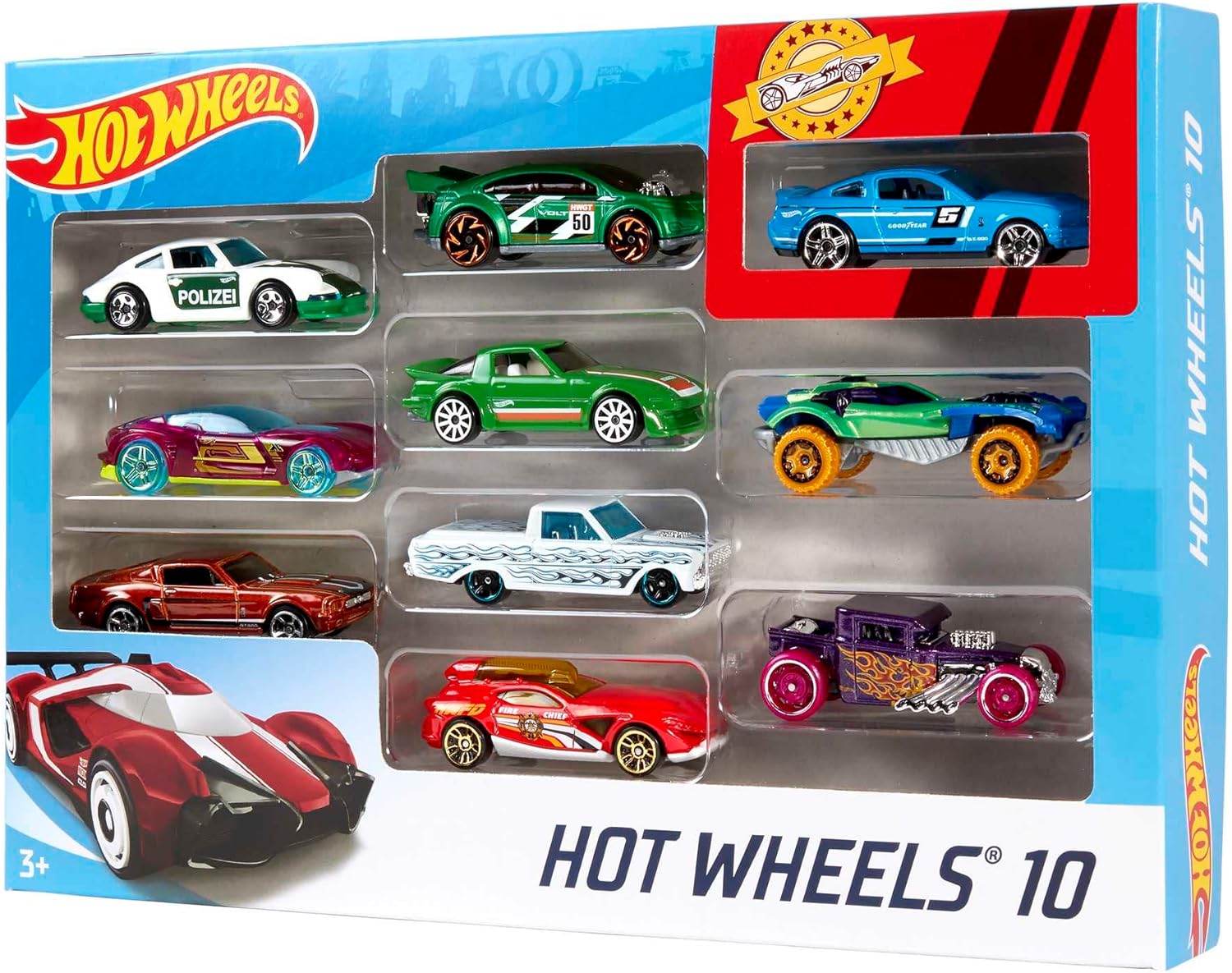 Hot Wheels Toy Cars & Trucks in 1:64 Scale, Set of 10, Multipack of Die-Cast Race or Police Cars, Hot Rods, Firetrucks or Vans (Styles May Vary), 54886-3