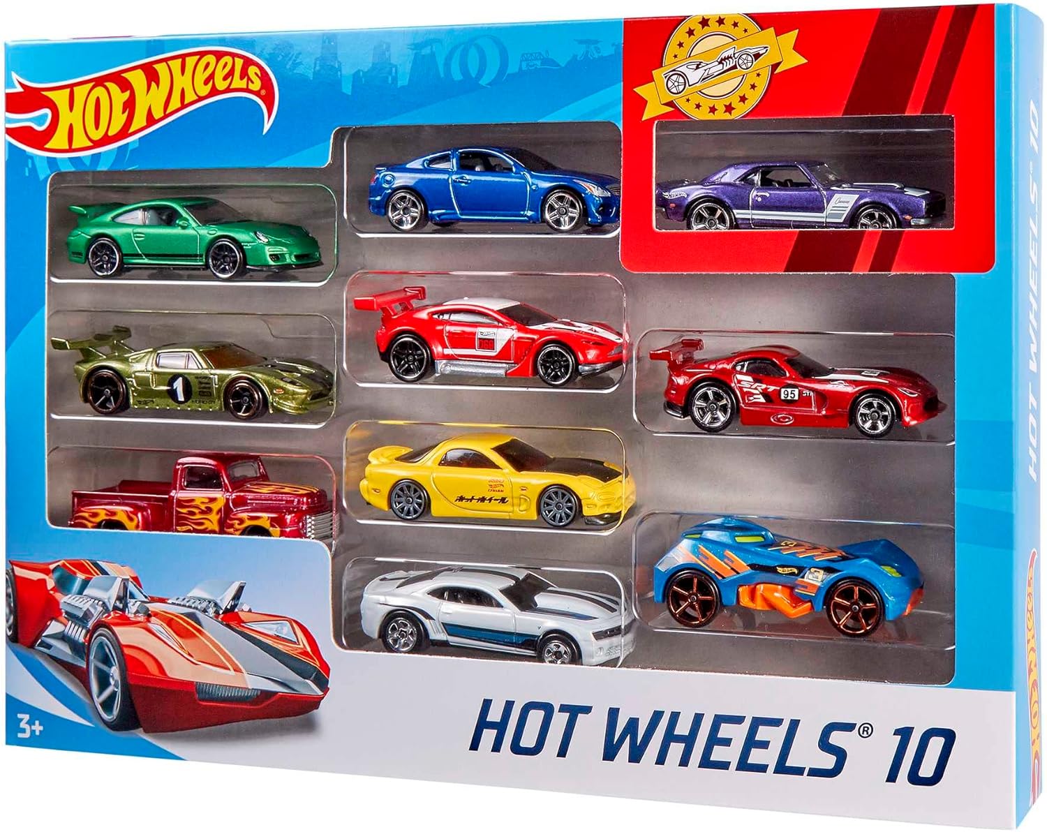 Hot Wheels Toy Cars & Trucks in 1:64 Scale, Set of 10, Multipack of Die-Cast Race or Police Cars, Hot Rods, Firetrucks or Vans (Styles May Vary), 54886-6