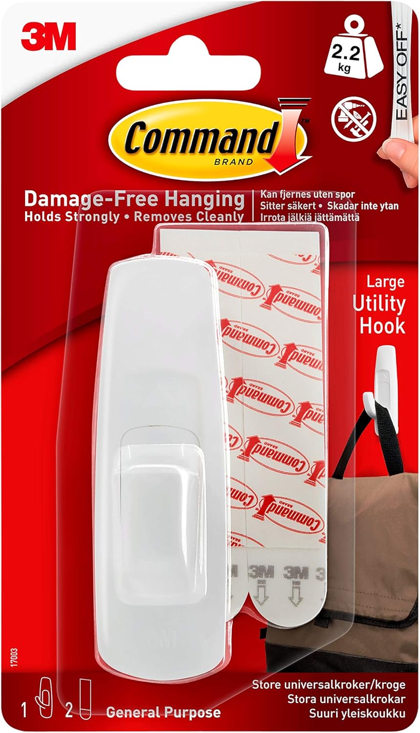 Command Large Utility Hook, Pack of 1 Hook and 2 Adhesive Strips, White - Damage Free Hanging - Holds up to 2.2kg-0