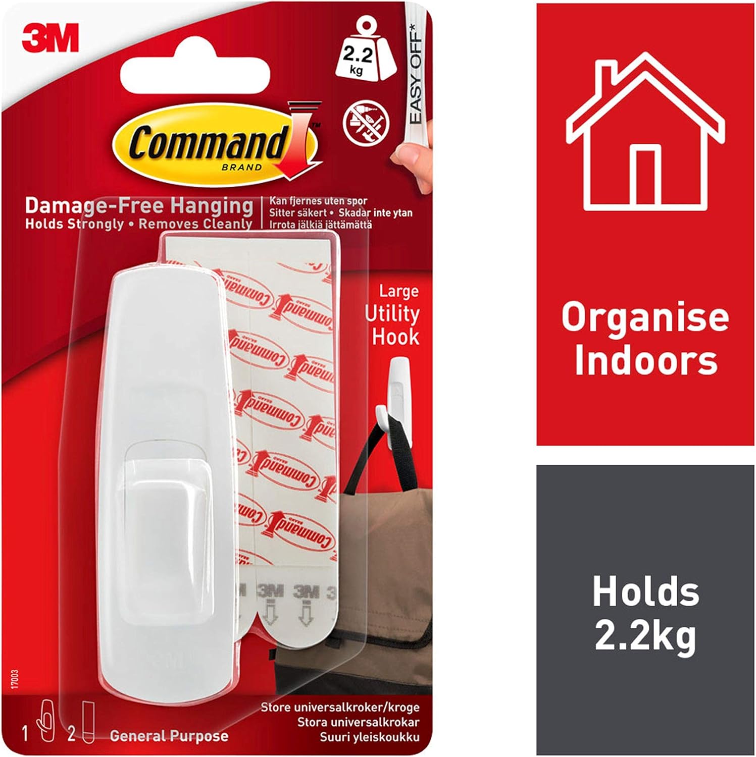 Command Large Utility Hook, Pack of 1 Hook and 2 Adhesive Strips, White - Damage Free Hanging - Holds up to 2.2kg-1