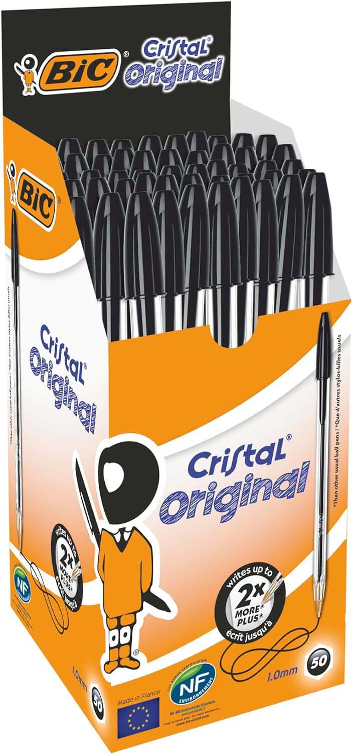 BIC Cristal Original Smudge Free Ballpoint Pens, Ideal for School, Black, Medium Point (1.0mm), Pack of 50-0