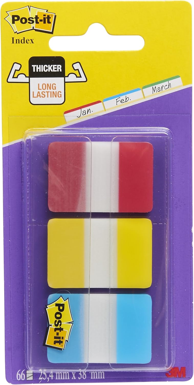 Post-it Index Strong Filing Tabs, Pack of 1 Dispenser, of 66 Tabs,25.4 mm x 38 mm, Yellow, Red, Blue Colors - Extra Strong Sticky Flags for Documents and Information-0