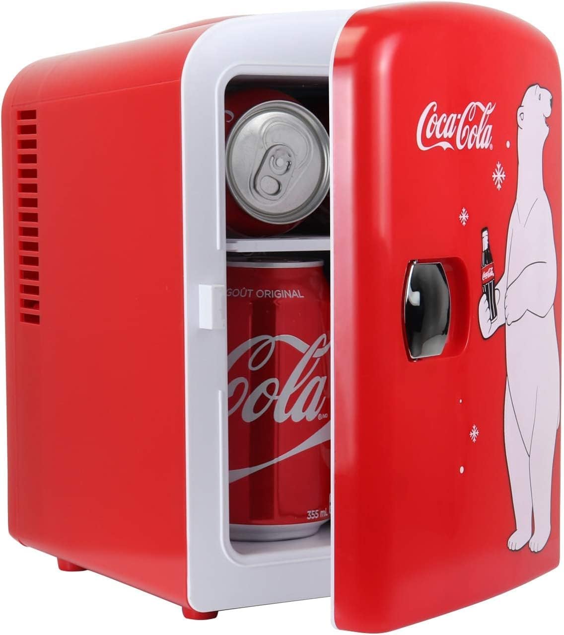 Coca Cola Mini Fridge For Bedrooms 4L Small Fridge 6 Can Table Top Fridge Quiet Mini Fridges For Skincare Office Food Drinks Kids Home Car & Travel 12v Portable Cooler Warmer Refrigerator, PB Red-0