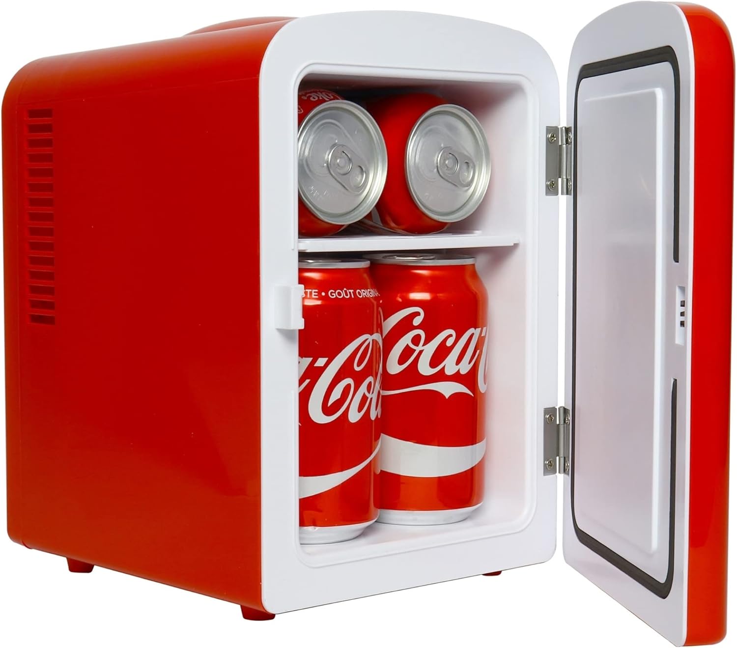 Coca Cola Mini Fridge For Bedrooms 4L Small Fridge 6 Can Table Top Fridge Quiet Mini Fridges For Skincare Office Food Drinks Kids Home Car & Travel 12v Portable Cooler Warmer Refrigerator, PB Red-1