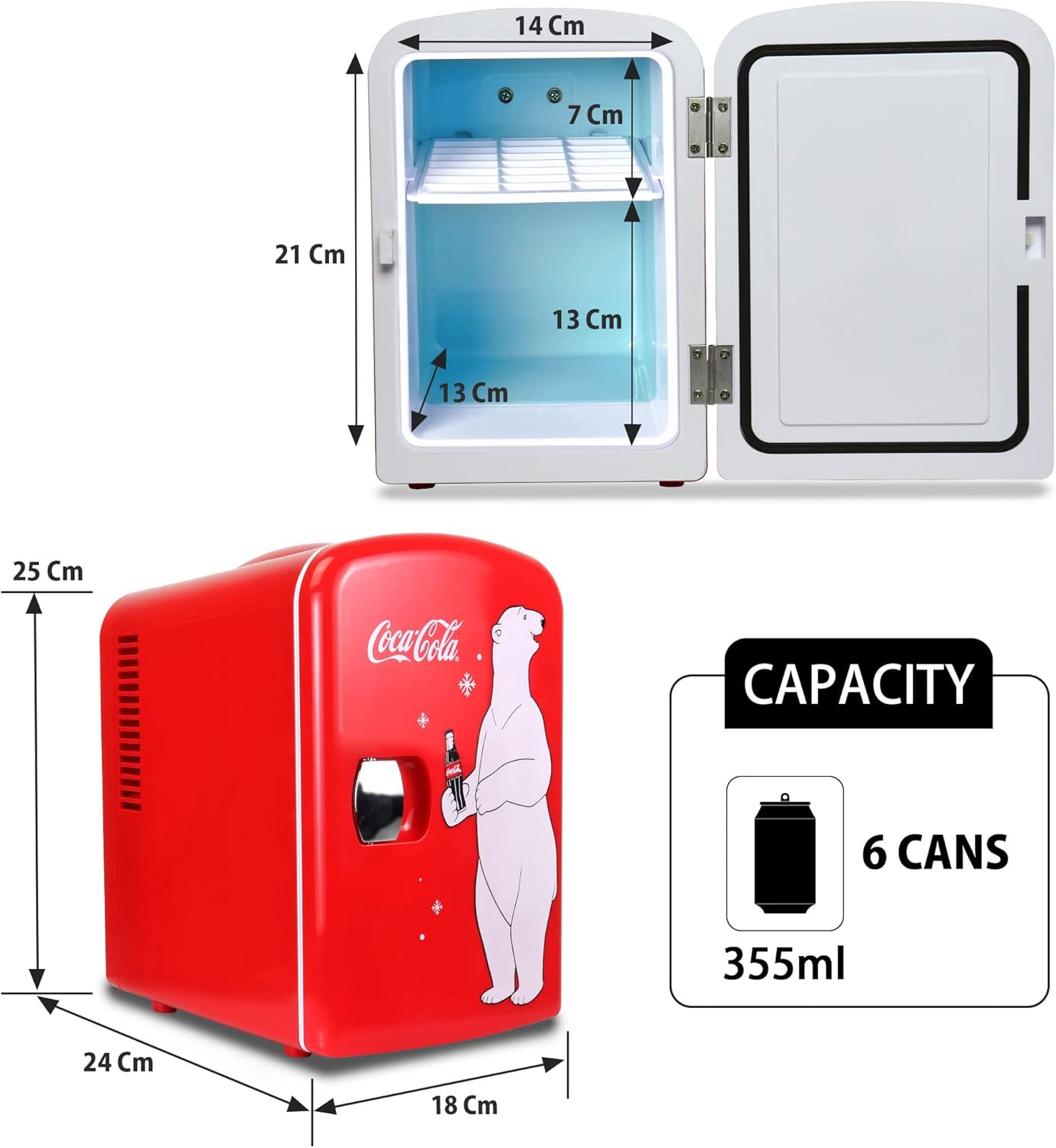 Coca Cola Mini Fridge For Bedrooms 4L Small Fridge 6 Can Table Top Fridge Quiet Mini Fridges For Skincare Office Food Drinks Kids Home Car & Travel 12v Portable Cooler Warmer Refrigerator, PB Red-5