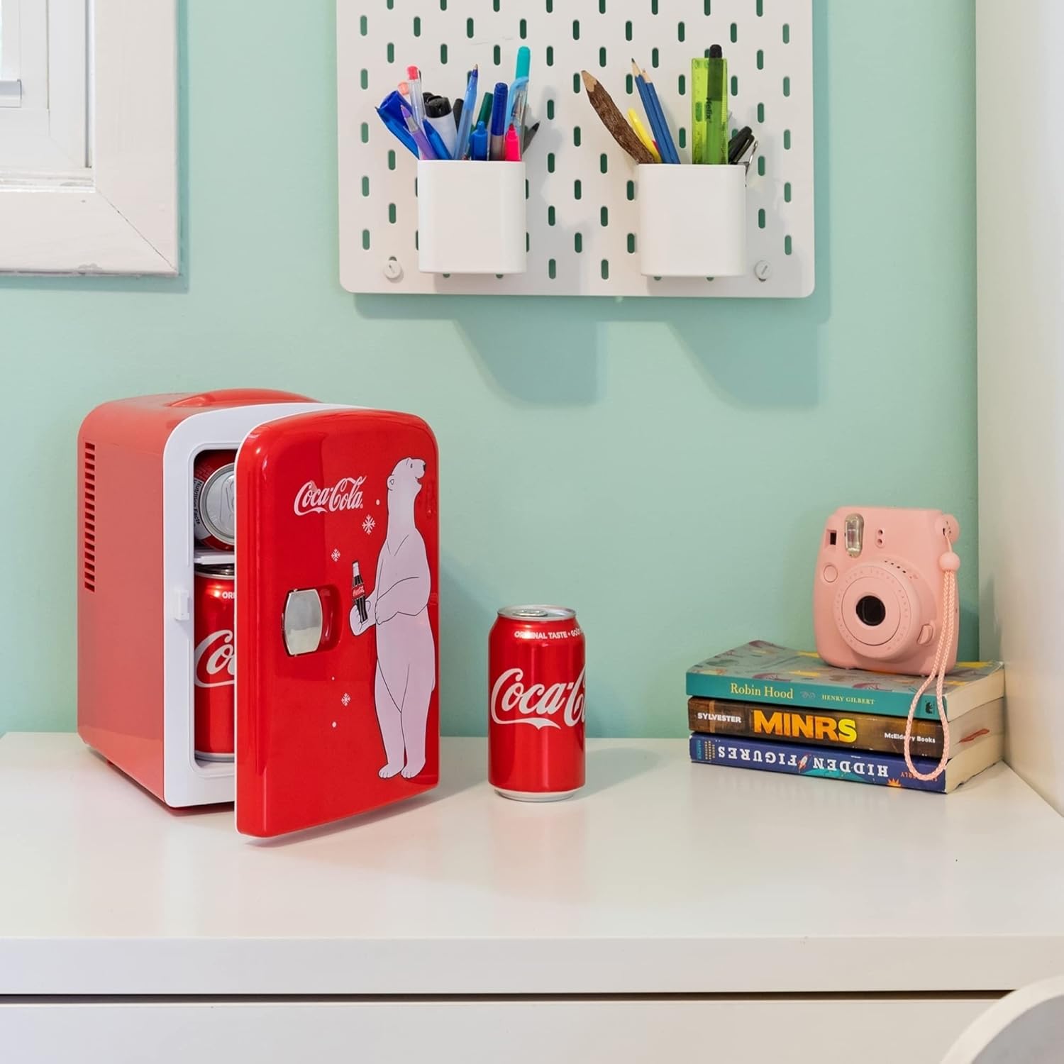 Coca Cola Mini Fridge For Bedrooms 4L Small Fridge 6 Can Table Top Fridge Quiet Mini Fridges For Skincare Office Food Drinks Kids Home Car & Travel 12v Portable Cooler Warmer Refrigerator, PB Red-7