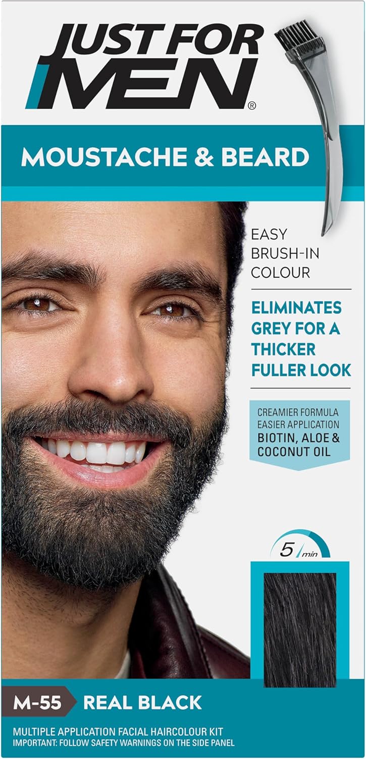 Just For Men Moustache & Beard Real Black Dye, Eliminates Grey For a Thicker & Fuller Look With An Applicator Brush Included – M55-0