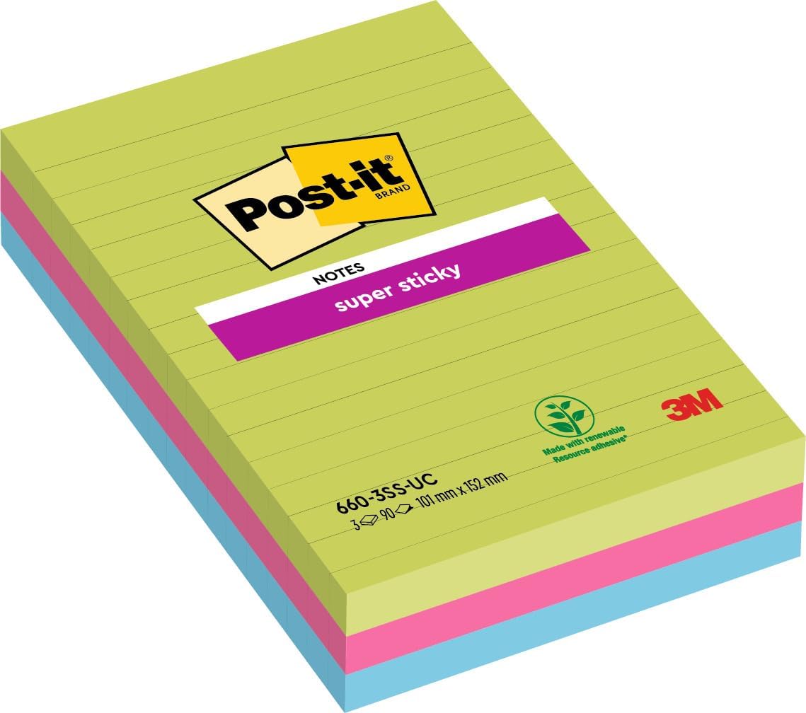 Post-it Super Sticky Large Notes, Assorted Colours, Lined, 101 mm x 152 mm, 90 Sheets/Pad, 3 Pads - Self-stick Notes For Note Taking, To Do Lists & Reminders-0