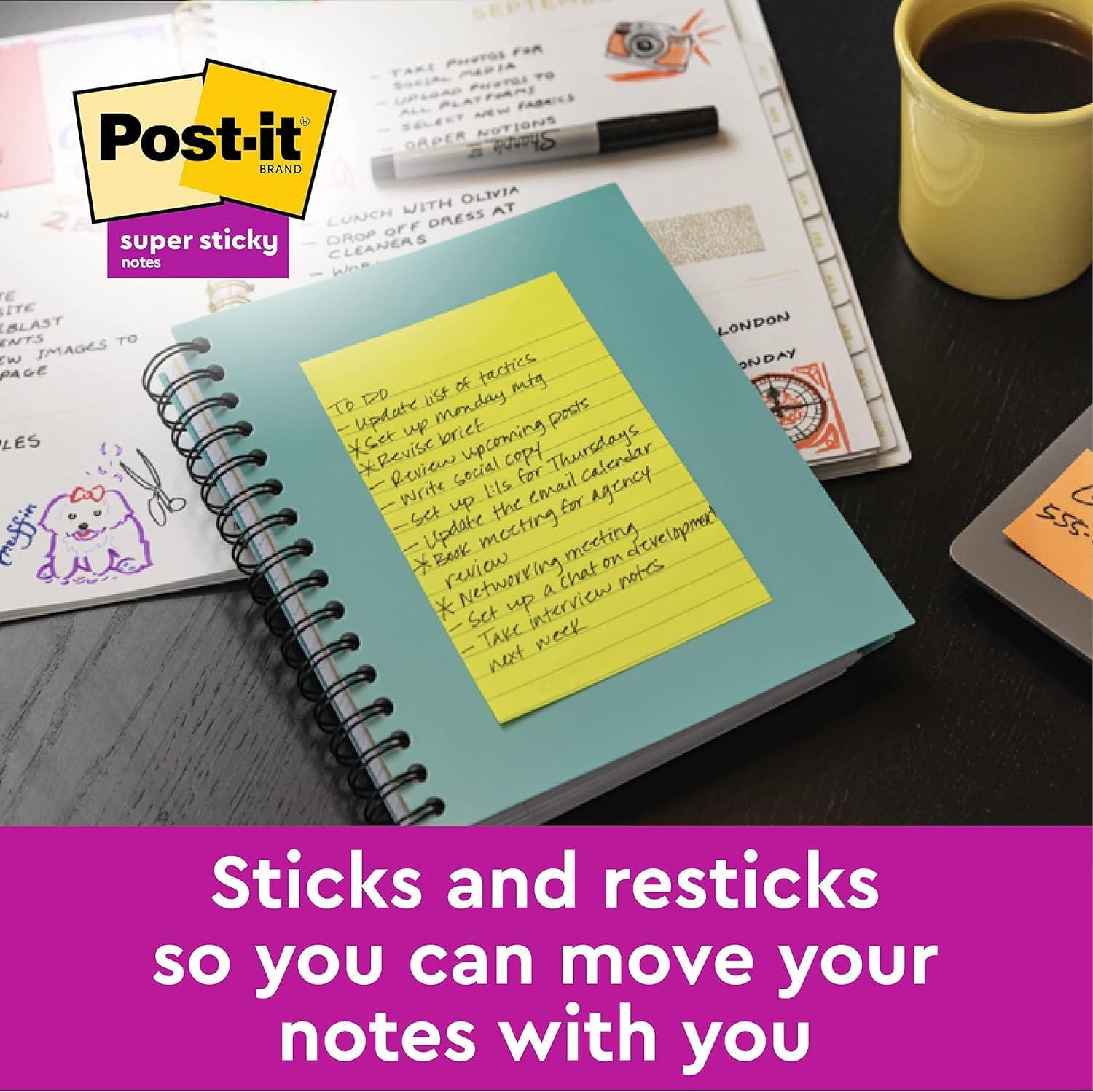 Post-it Super Sticky Large Notes, Assorted Colours, Lined, 101 mm x 152 mm, 90 Sheets/Pad, 3 Pads - Self-stick Notes For Note Taking, To Do Lists & Reminders-1