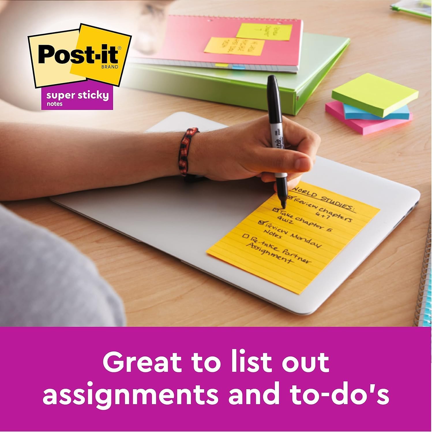 Post-it Super Sticky Large Notes, Assorted Colours, Lined, 101 mm x 152 mm, 90 Sheets/Pad, 3 Pads - Self-stick Notes For Note Taking, To Do Lists & Reminders-4