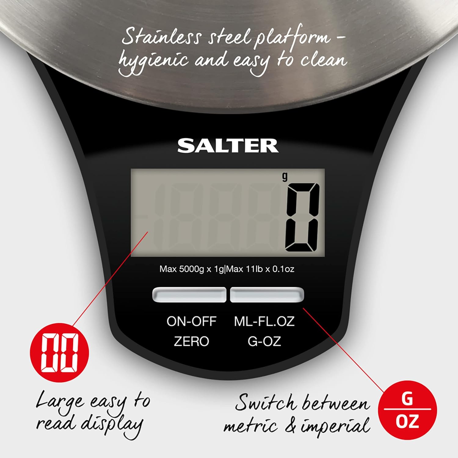 Salter 1035 SSBKDR Digital Kitchen Scale – Food Scales, Kitchen Weighing Scales, 5kg Capacity, Stainless Steel Platform, Measure Liquids, Add & Weigh , Tare/Zero Function, 1 x CR2032 Battery Included-2