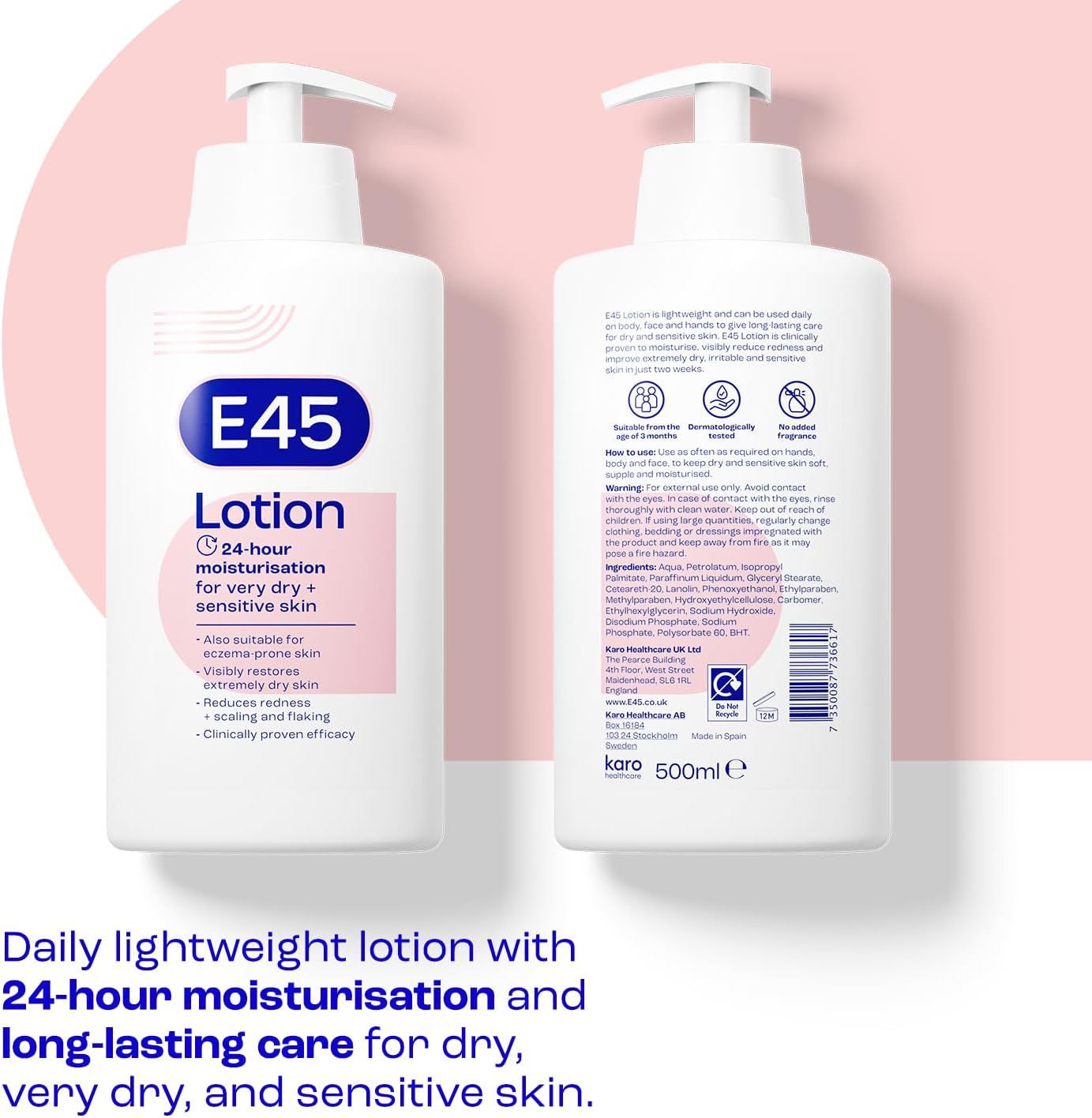 E45 Moisturising Lotion 500 ml - Dermatological Body Moisturiser Lotion - Body Lotion - Daily Moisturiser for Dry Skin & Sensitive Skin – Long-Lasting Hydration Protect from Dryness, Reduce Redness-2