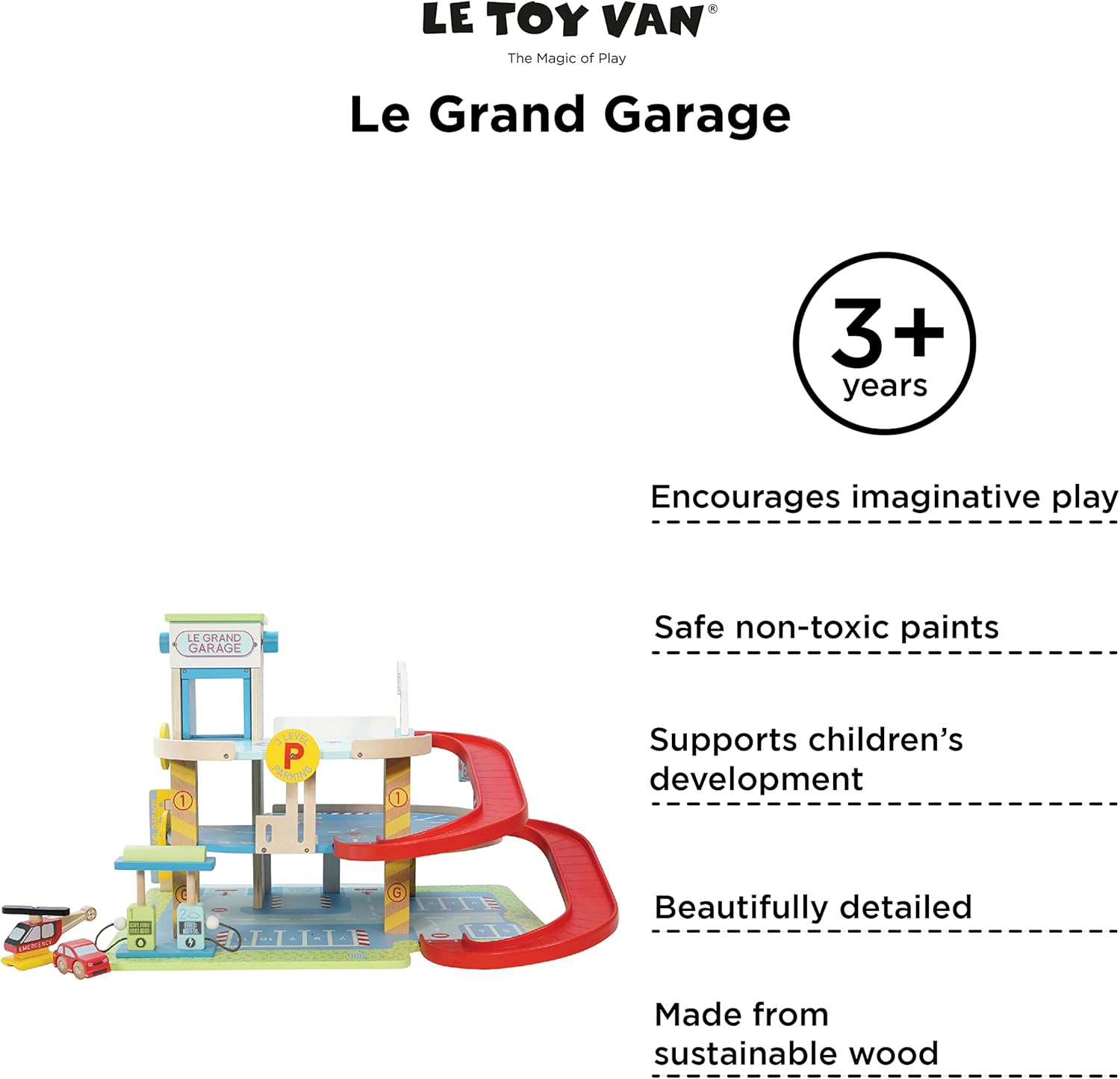 Le Toy Van - Iconic Wooden 3 Storey Le Grand Garage Toy Car Play Set - Set 7 Pieces | Play Vehicle Role Play Toys - Suitable For 3 Year Old +-4