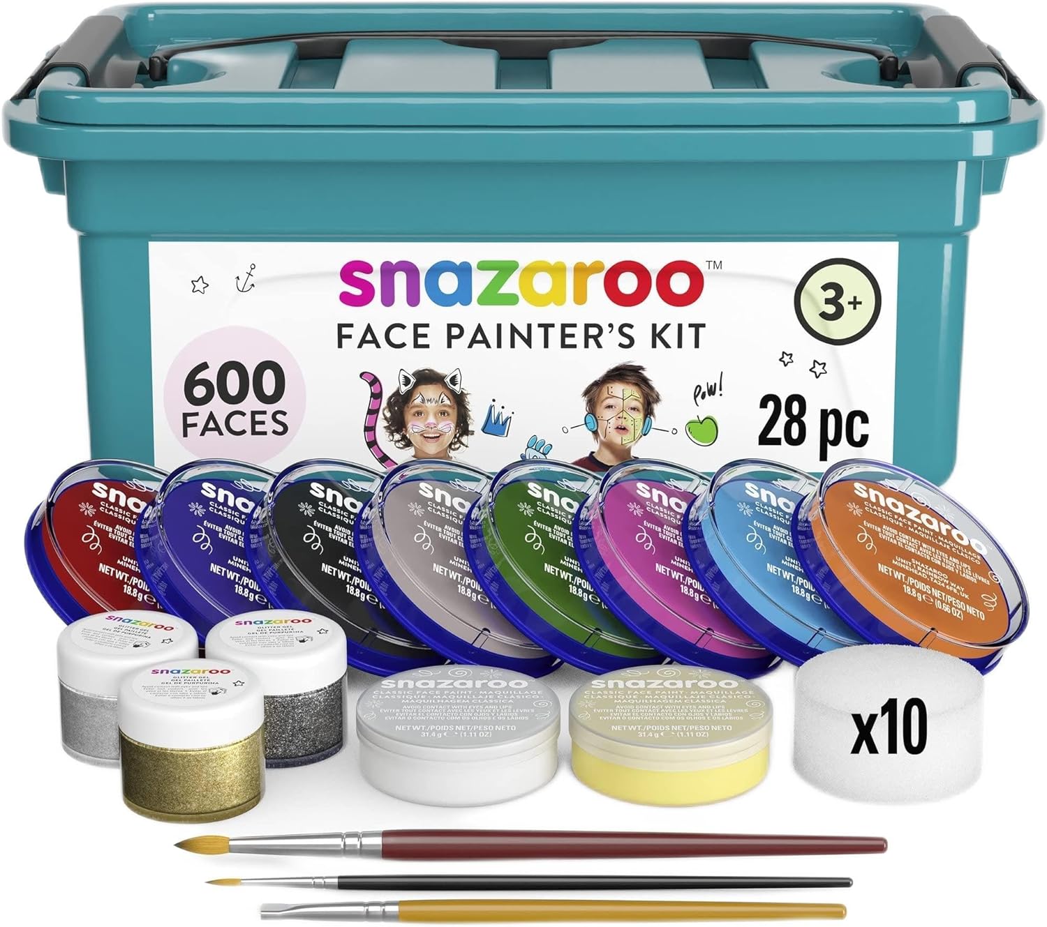 Snazaroo Face Painters Kit for Kids & Adults, 28 Pieces, 10 Colours, Brushes, Glitter Gels, Sponges, Guide, Water Based, Easily Washable, Non-Toxic, Makeup, Body Painting-0