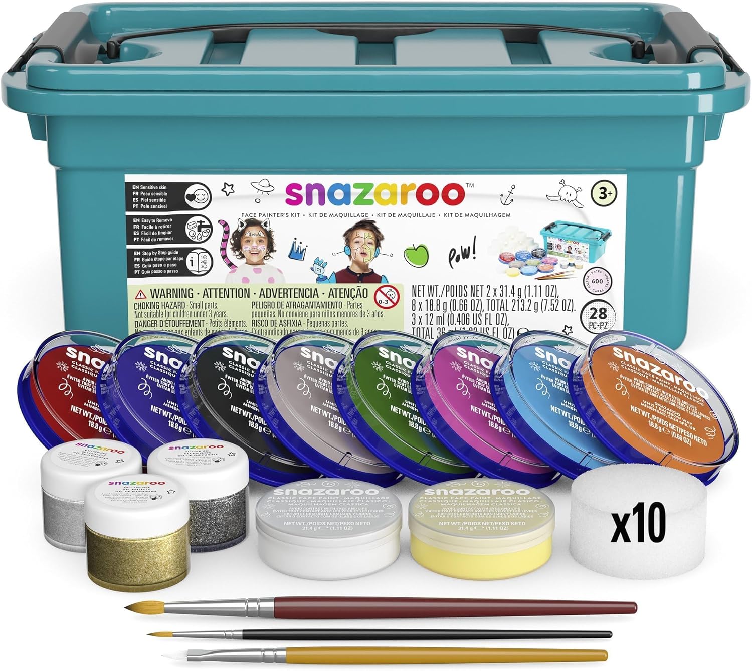 Snazaroo Face Painters Kit for Kids & Adults, 28 Pieces, 10 Colours, Brushes, Glitter Gels, Sponges, Guide, Water Based, Easily Washable, Non-Toxic, Makeup, Body Painting-9