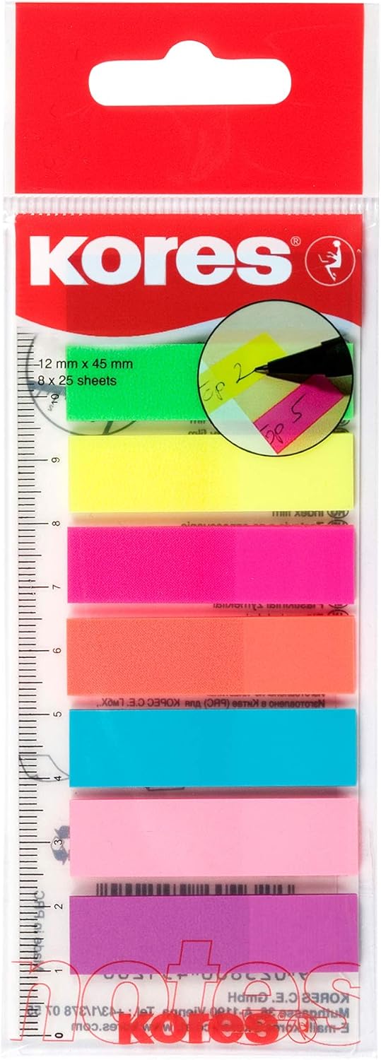 Kores - Sticky Labels on Ruler - Film Index Tabs, Self-Adhesive Page Markers and Book Tabs - School and Office Supplies - 12 x 45 mm - Set of 8 Assorted Colours x 25 Sheets-0