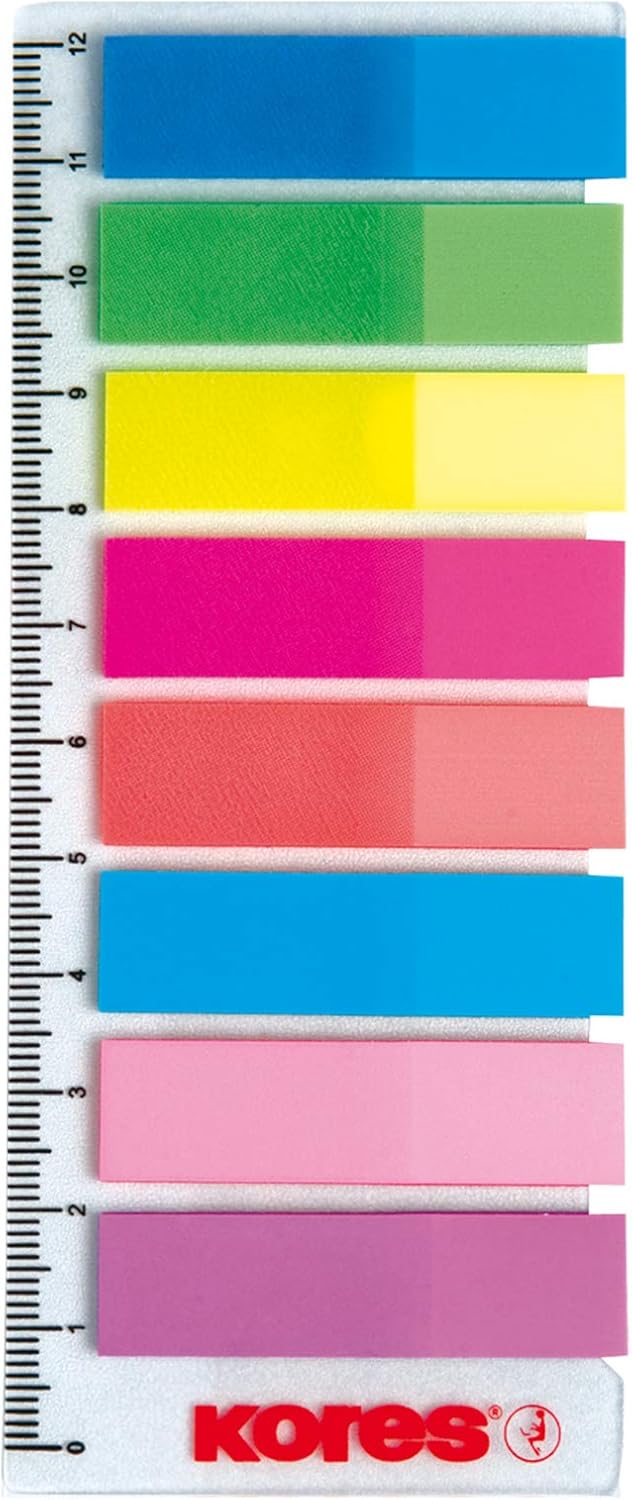 Kores - Sticky Labels on Ruler - Film Index Tabs, Self-Adhesive Page Markers and Book Tabs - School and Office Supplies - 12 x 45 mm - Set of 8 Assorted Colours x 25 Sheets-1