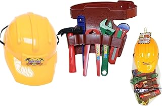 KandyToys Kids Play Pretend Dress Up Construction Helmet with Tool Belt and Toy Toolkit | Kids Toys | Builder Fancy Dress