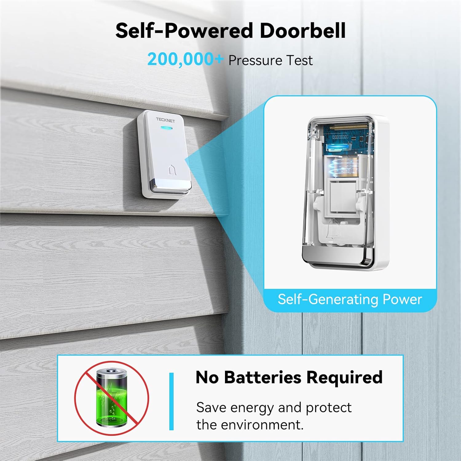 TECKNET Wireless Doorbell, No Battery Required Self-Powered Door Bell Plug in Waterproof IP65 Cordless Doorbell Chime Kits at 1300ft Range with 60 Chimes, 5-Level Volume with LED Light-2