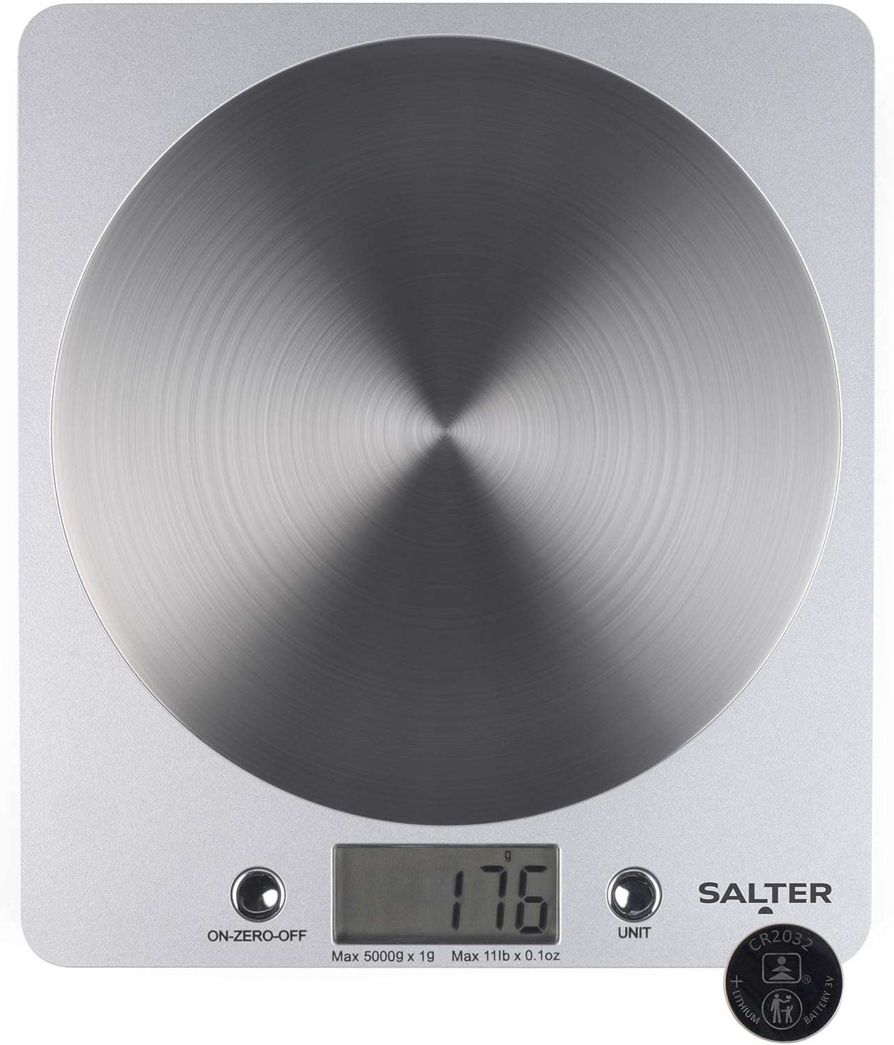 Salter 1036 SVSSDR Disc Digital Kitchen Scale – Electronic Food Scale, Add & Weigh Multiple Ingredients, 5kg Capacity, Aquatronic For Measuring Liquids, Easy Read LCD Display, Includes Battery-0