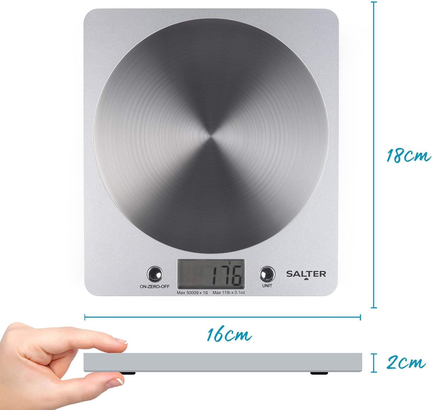 Salter 1036 SVSSDR Disc Digital Kitchen Scale – Electronic Food Scale, Add & Weigh Multiple Ingredients, 5kg Capacity, Aquatronic For Measuring Liquids, Easy Read LCD Display, Includes Battery-5