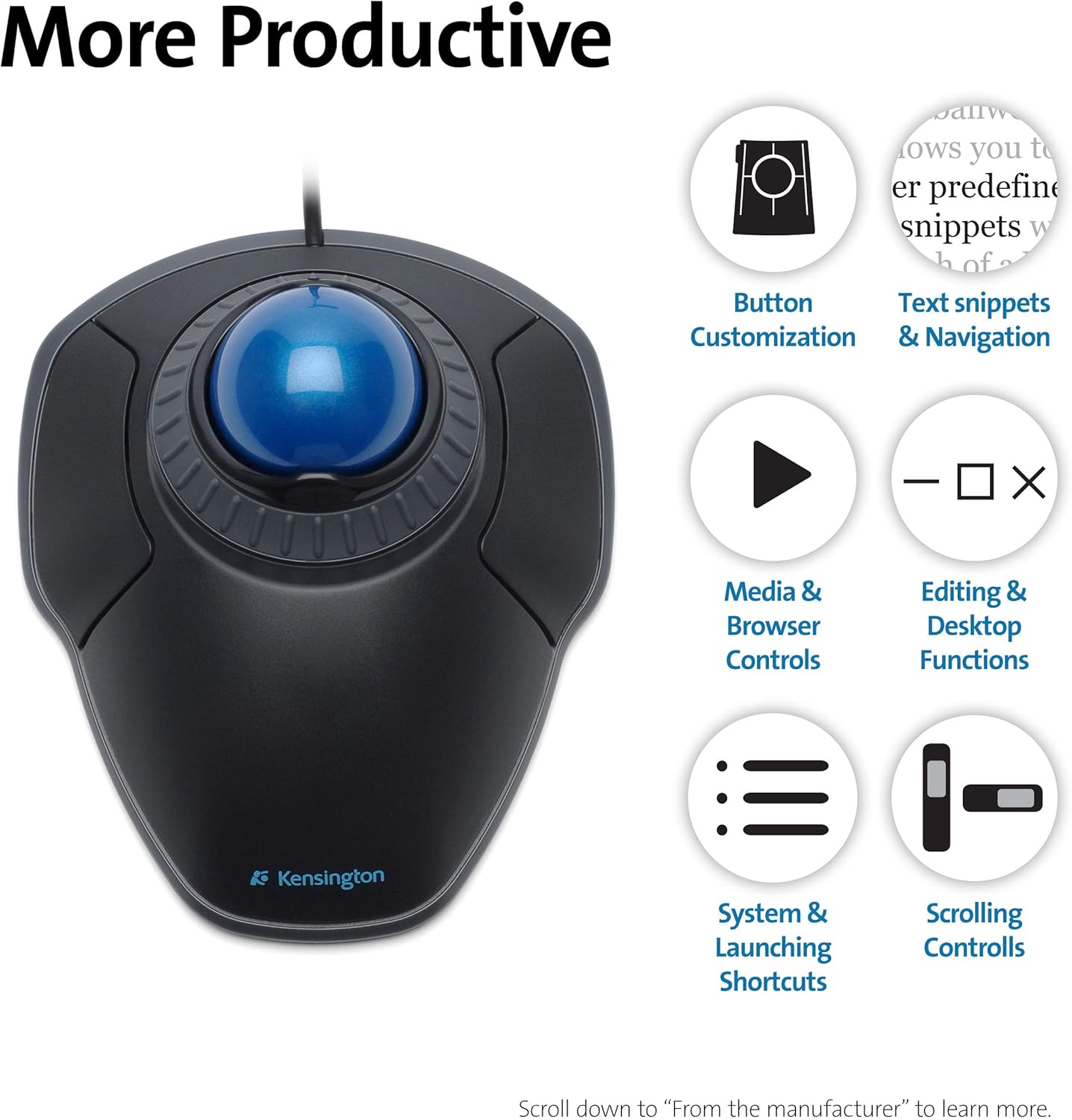 Kensington Orbit Mouse - Wired Ergonomic TrackBall Mouse for PC, Mac and Windows with Scroll Ring, Ambidextrous Design and Optical Tracking - Blue (K72337EU)-4