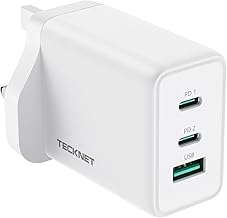 TECKNET USB C Plug, 65W Fast Charger UK 3-Port GaN Multi Type C PPS Dual Port PD Power Adapter, Wall Charger for MacBook, iPad Air/Mini, iPhone 14/13, Pixel 6, Samsung, Dell XPS Laptop