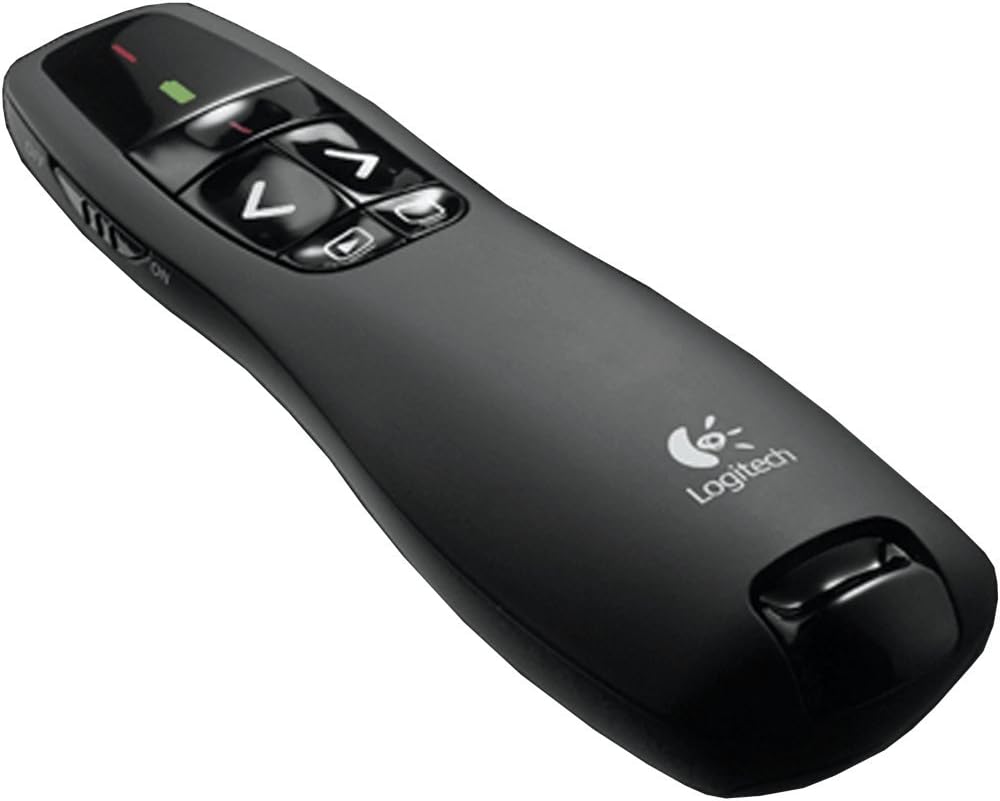 Logitech R400 Wireless Presentation Remote, 2.4 GHz, USB-Receiver, Red Laser Pointer, 15-Meter Operating Range, 6 Buttons, Intuitive Slideshow Control, Battery Indicator, PC - Black-0