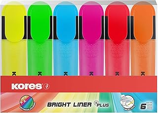 Kores - Fluorescent Highlighter Pen - Bright Liner Plus, Fluorescent, Universal Water Based-Ink Highlighter Pen with Ergonomic Shape - Stationery Supplies, Office Supplies - Pack of 6