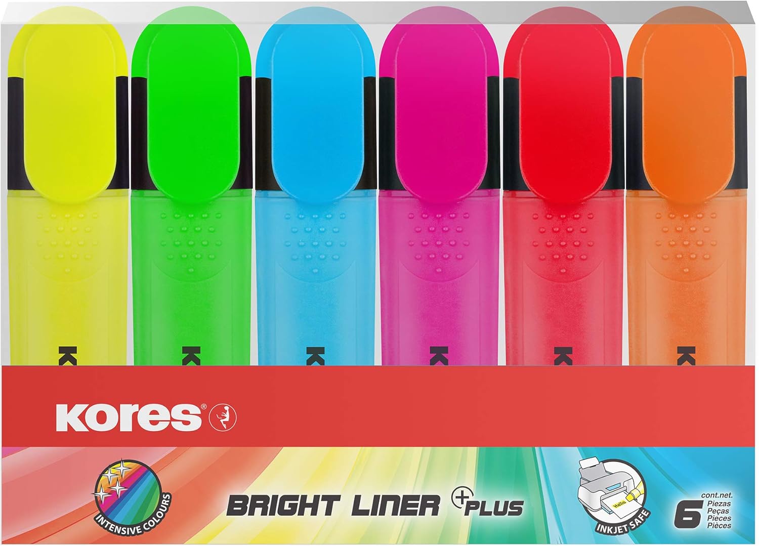 Kores - Fluorescent Highlighter Pen - Bright Liner Plus, Fluorescent, Universal Water Based-Ink Highlighter Pen with Ergonomic Shape - Stationery Supplies, Office Supplies - Pack of 6-0