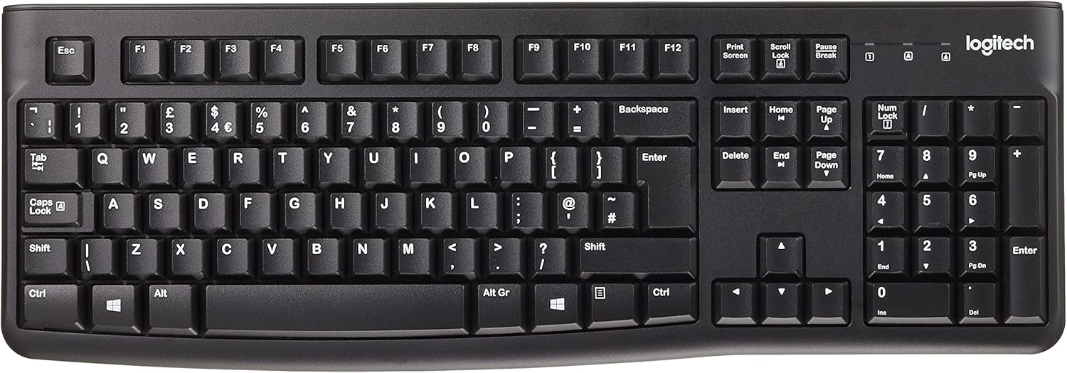 Logitech K120 Wired Business Keyboard for Windows or Linux, USB Plug-and-Play, Full-Size, Spill Resistant, Curved Space Bar, PC/Laptop, QWERTY UK Layout - Black-1