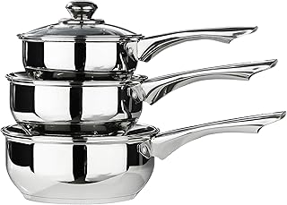 Premier Housewares Stainless Steel Saucepan Set, 3 Piece Set with Glass Lids,Silver,H14 x W40 x D26cm