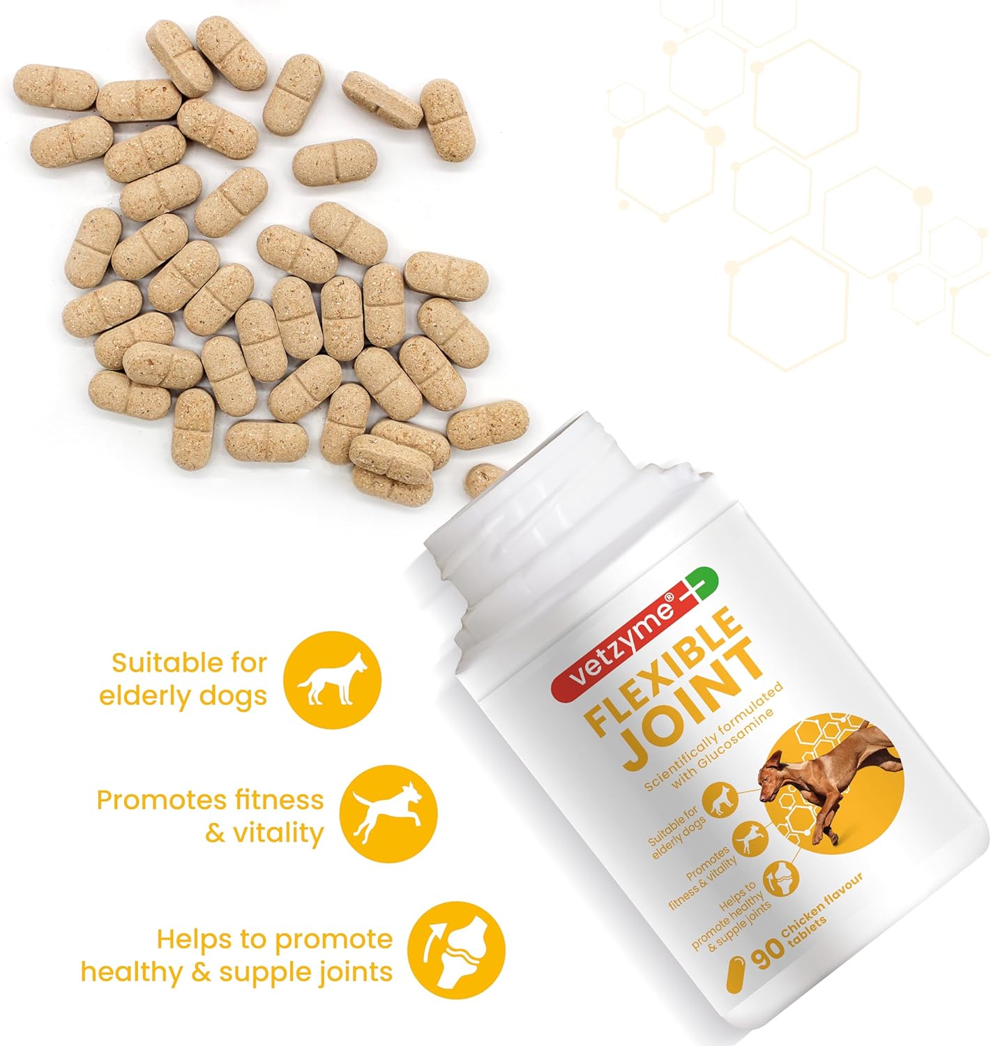 Vetzyme Flexible Joint Supplements for Dogs (90 Tablets) - Hip and Joint Care with Glucosamine, Tasty Chicken Flavour-2