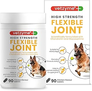 Vetzyme High Strength Flexible Joint Supplements for Senior Dogs (90 Tablets) - Hip and Joint Care with Chondroitin and Glucosamine, Tasty Chicken Flavour