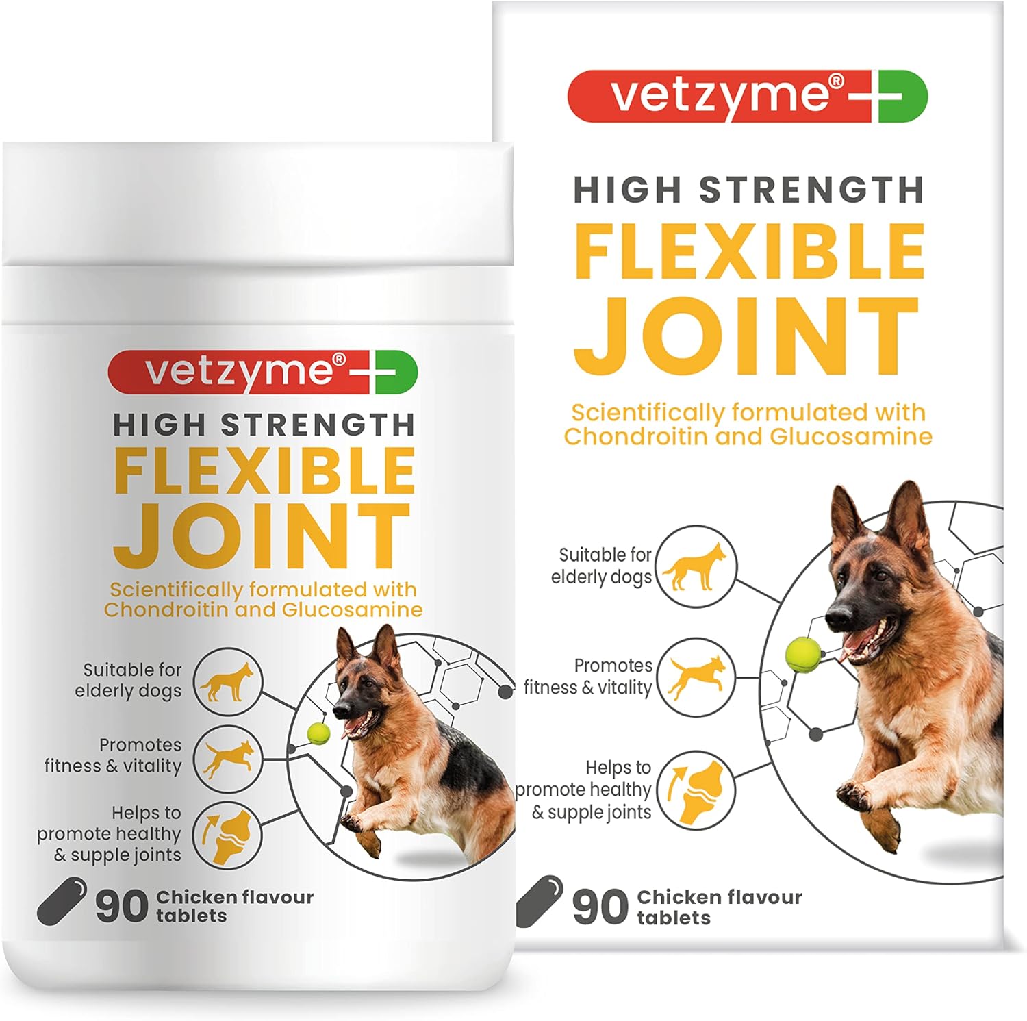 Vetzyme High Strength Flexible Joint Supplements for Senior Dogs (90 Tablets) - Hip and Joint Care with Chondroitin and Glucosamine, Tasty Chicken Flavour-0