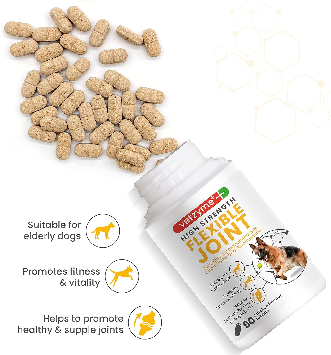 Vetzyme High Strength Flexible Joint Supplements for Senior Dogs (90 Tablets) - Hip and Joint Care with Chondroitin and Glucosamine, Tasty Chicken Flavour-2