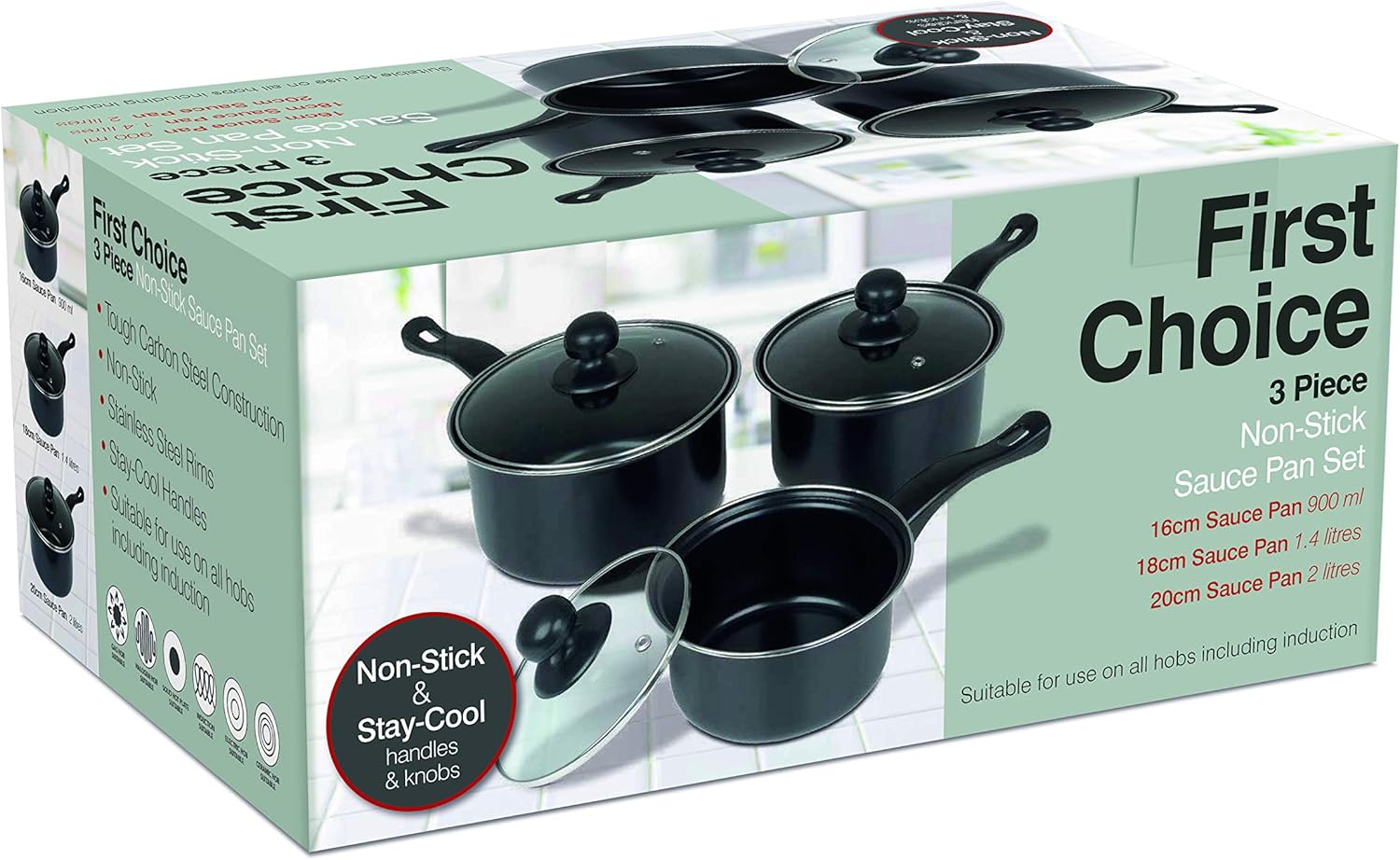 Value plus AP120 Value Plus 3 PCE Sauce pan Set with Glass Lids, Multi-Colour, 16, 18, 20cm-0