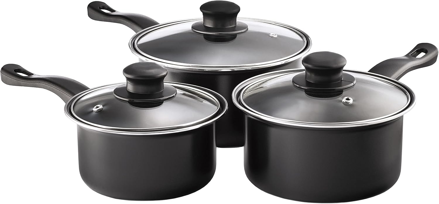 Value plus AP120 Value Plus 3 PCE Sauce pan Set with Glass Lids, Multi-Colour, 16, 18, 20cm-6