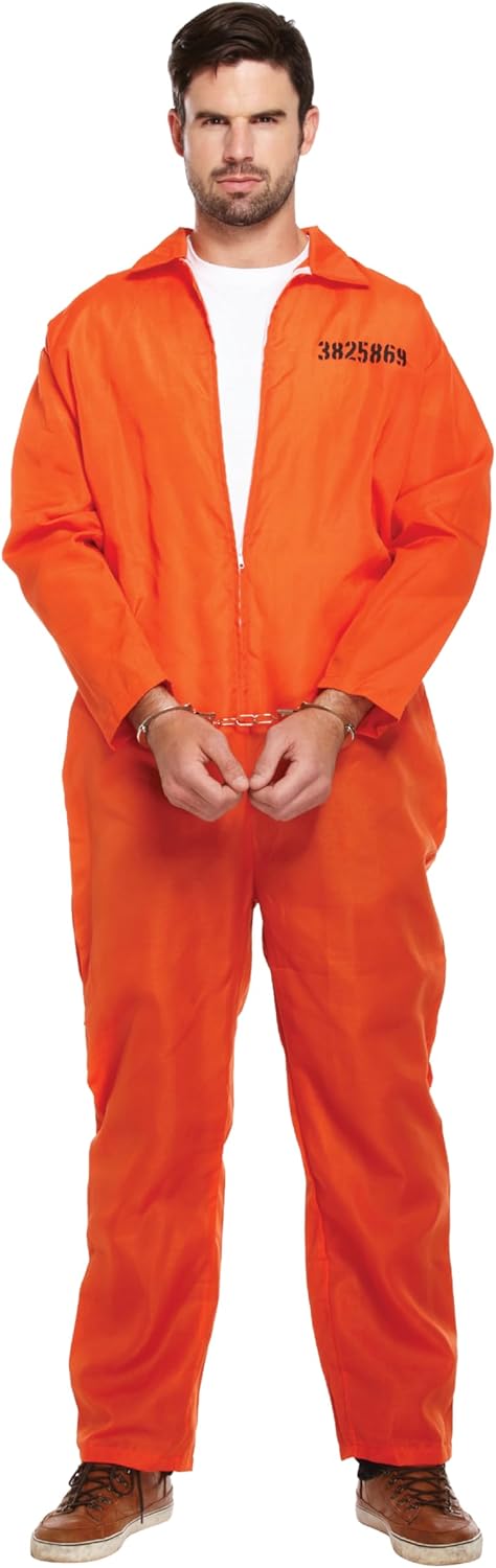 HENBRANDT Adult Men’s Orange Prison Jumpsuit Fancy Dress Costume Convict Boiler Suit Prisoner Overalls Jail Jump Suit Dress Up Outfit Mens Fancy Dress Costume (Standard)-0